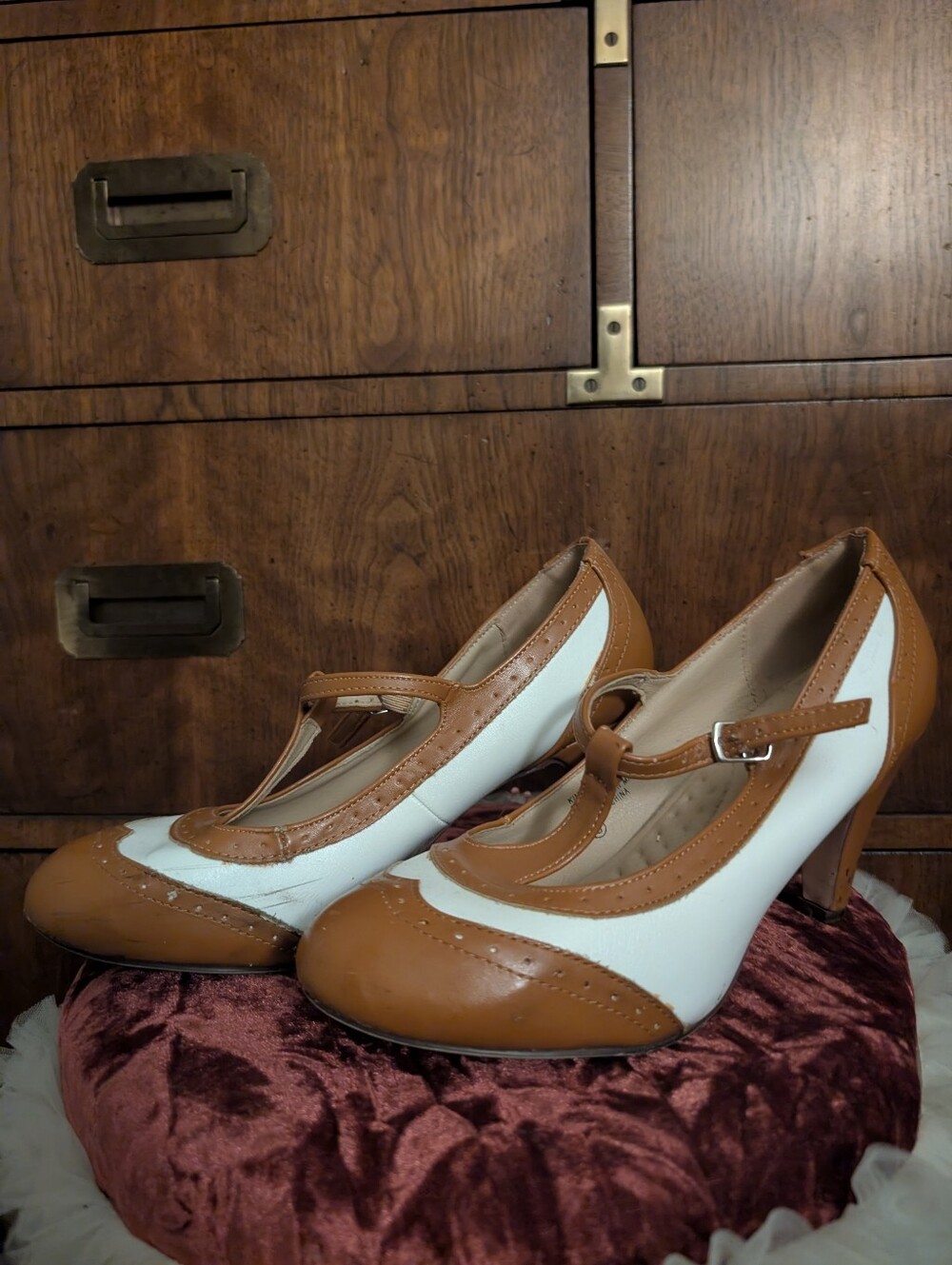 Chase And Chloe Tan and White T-Strap Heels Flapper Pumps